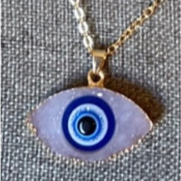 NEW White Druzy Crystals with Evil Eye Pendant Necklace - Picture 1 of 4